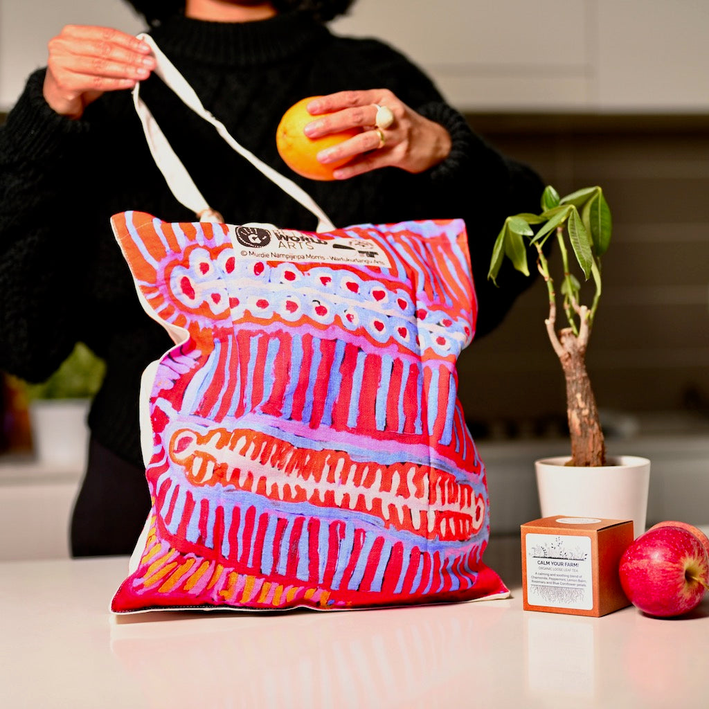 Aboriginal art foldable shopping bag. Fair traded product made by better world arts.