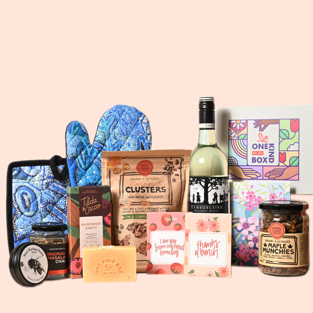 Father&#39;s Day Gift Hamper by One Kind Box. Includes premium Australian dark chocolate, Vegan Organic Australian Wine, gourmet tea, a jar of maple munchies to snack on and a range of ethical gifts dad will love. Shop our dad hampers and dad gifts at One Kind Box.