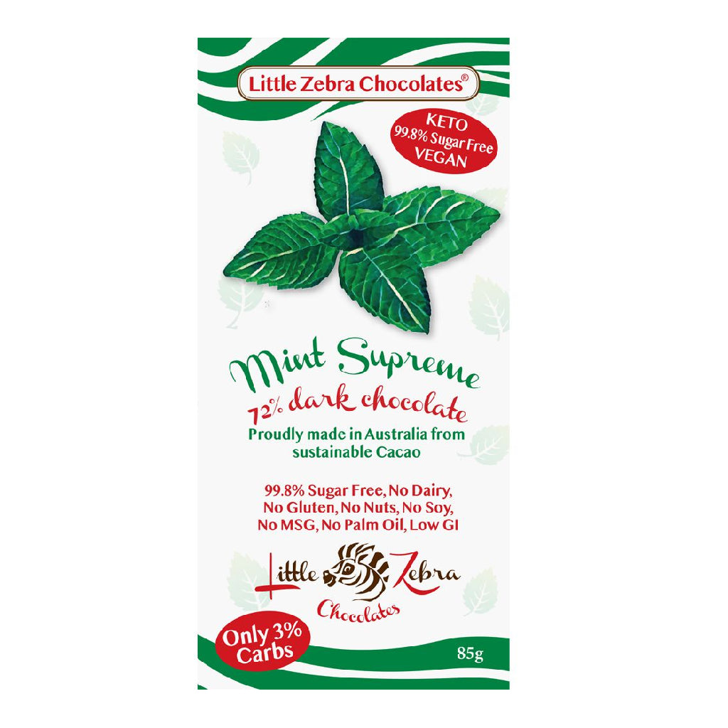 Mint chocolate bar. Sugar and dairy-free. 72% dark chocolate. Made in Australia.