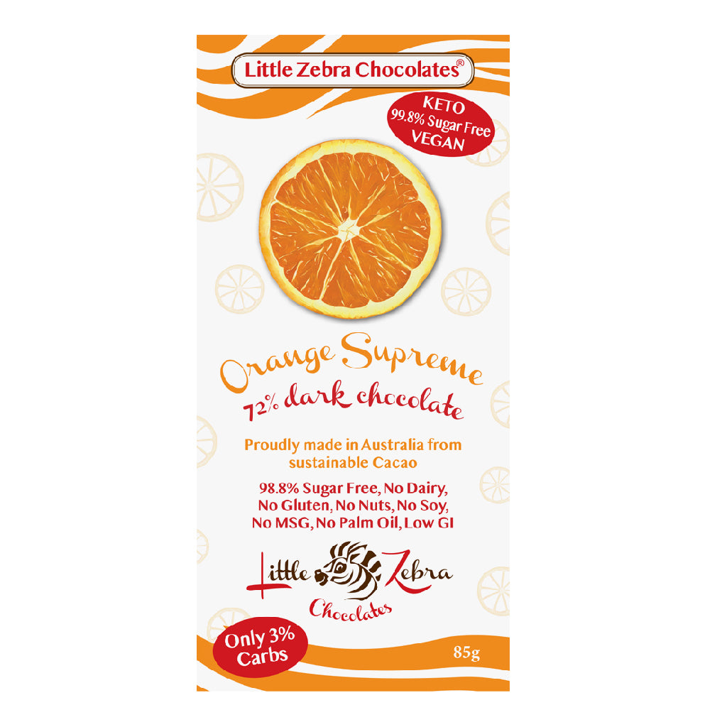 Dark chocolate with orange. Made by Little Zebra Chocolates in Australia. Sugar-free chocolate, Australian chocolate, dairy free chocolate, gluten and vegan free chocolate