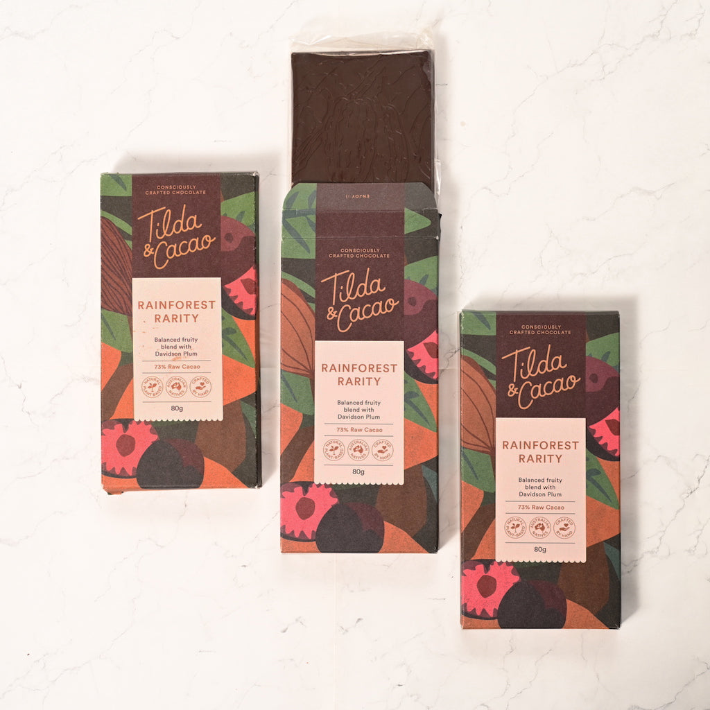 Dark Chocolate by Tilda and Cacao with a hint of native Davidson Plum. Delicious, creamy chocolate with the health benefits of native Davidson Plum. Gourmet chocolate made in NSW. Included in our Father&#39;s Day Gift Hamper by One Kind Box.