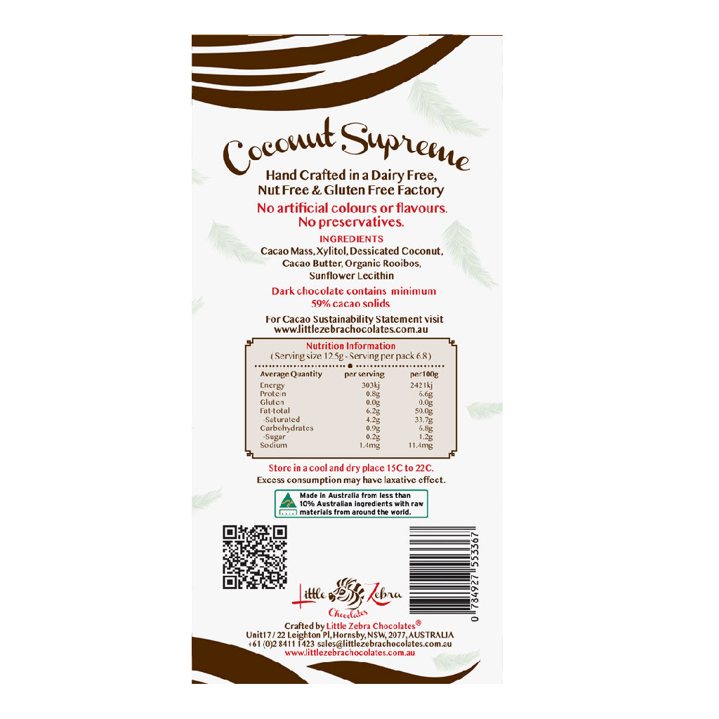 Coconut supreme vegan chocolate, premium Australian chocolate, sugar-free chocolate, vegan chocolate bar, gluten free chocolate that&#39;s delicious and healthy